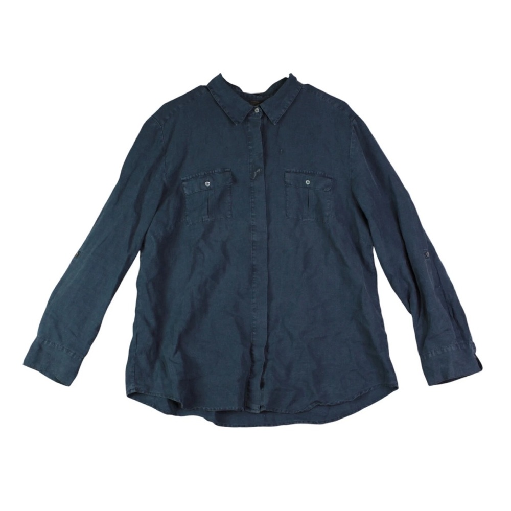 Tommy Bahama Men 100% Linen Navy Blue Button Up Long Sleeve Shirt XL Relaxed Fit